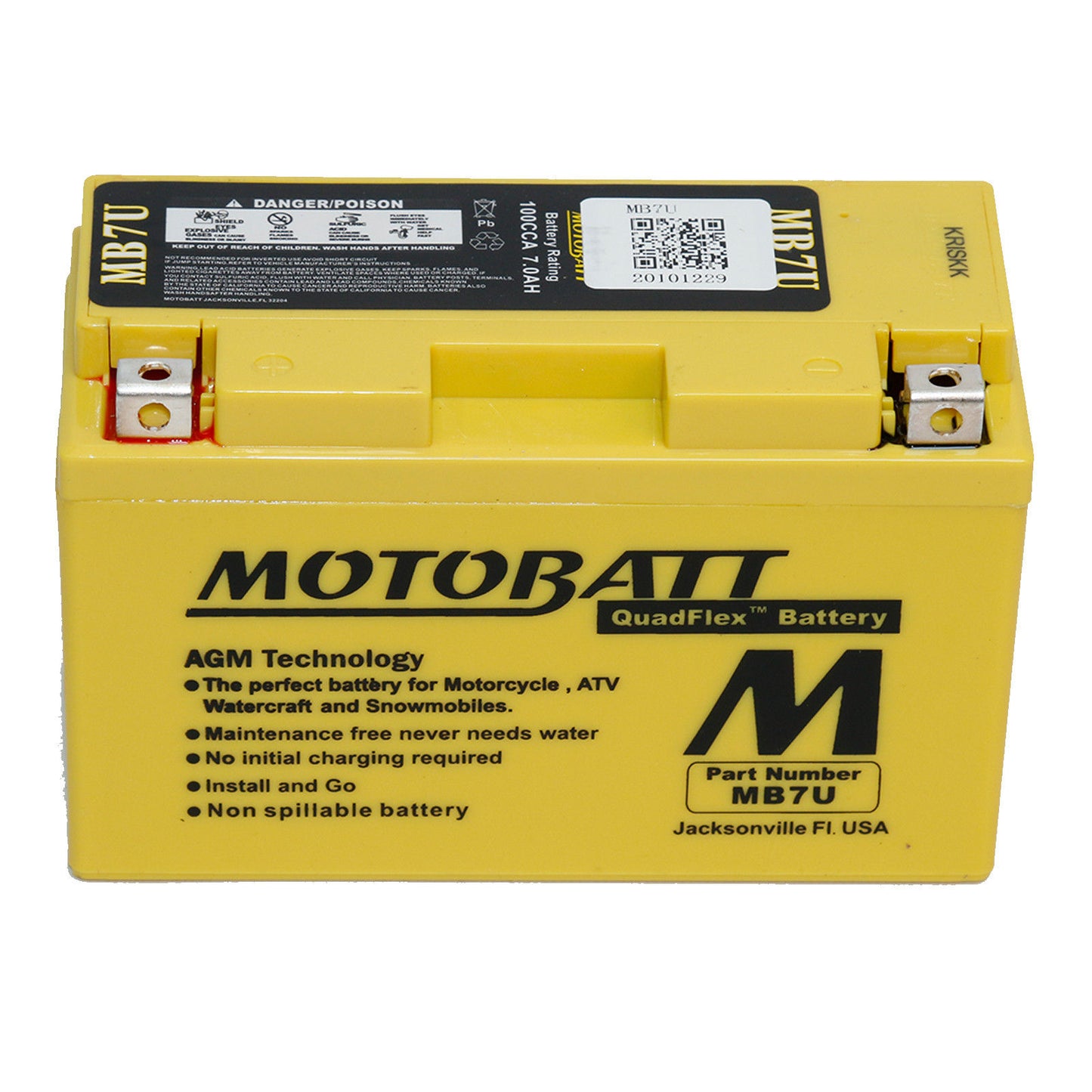 Motobatt battery with branding and specifications on a white background