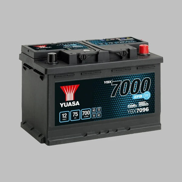 Yuasa car battery on a gray background