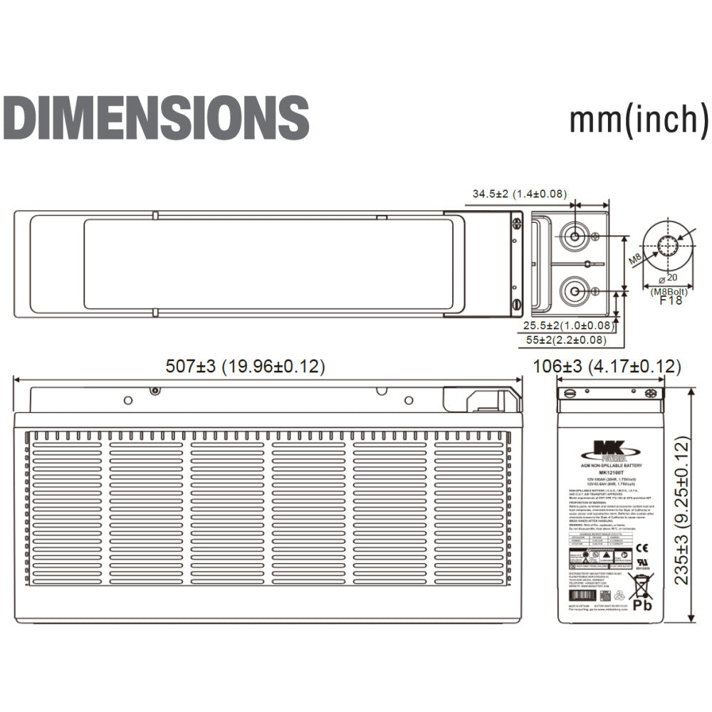 MK12100T Telecom 12v 100Ah Front Terminal MK Battery