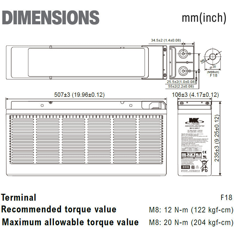MK12100THT Telecom 12v 100Ah Front Terminal MK Battery
