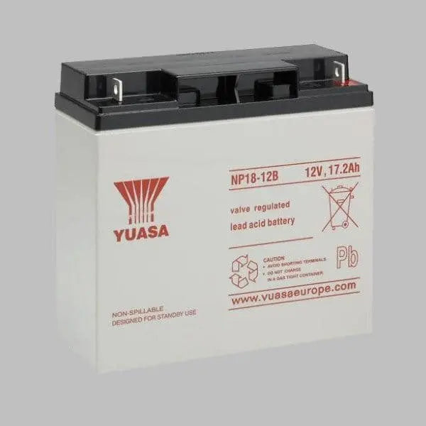 Yuasa NP18-12 battery on grey background