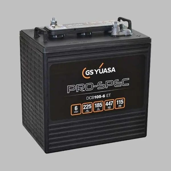 pro-spec battery with power ratings printed on the front on grey background