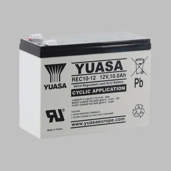 rec battery with black writing and white plastic case