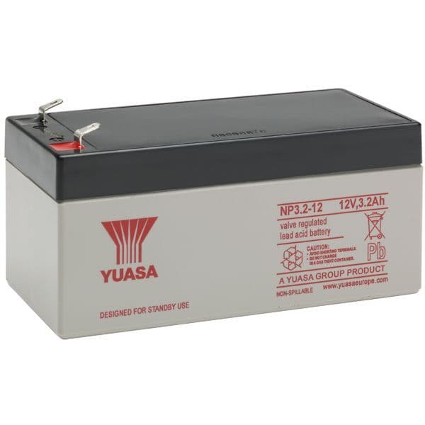 Yuasa NP3.2-12 Battery 12 Volt 3.2 Ah, colour of battery is grey with red writing.