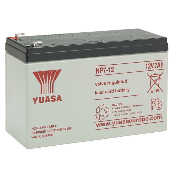 Yuasa NP6-12 Battery 12 Volt 6 Ah, colour of battery is grey with red writing.