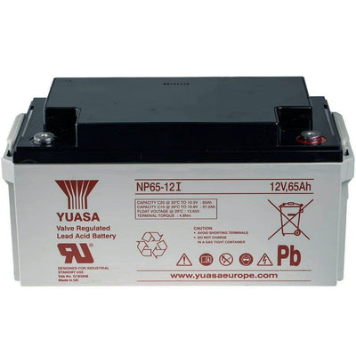 Yuasa NP65-12 Battery 12 Volt 65 Ah, colour of battery is grey with red writing.
