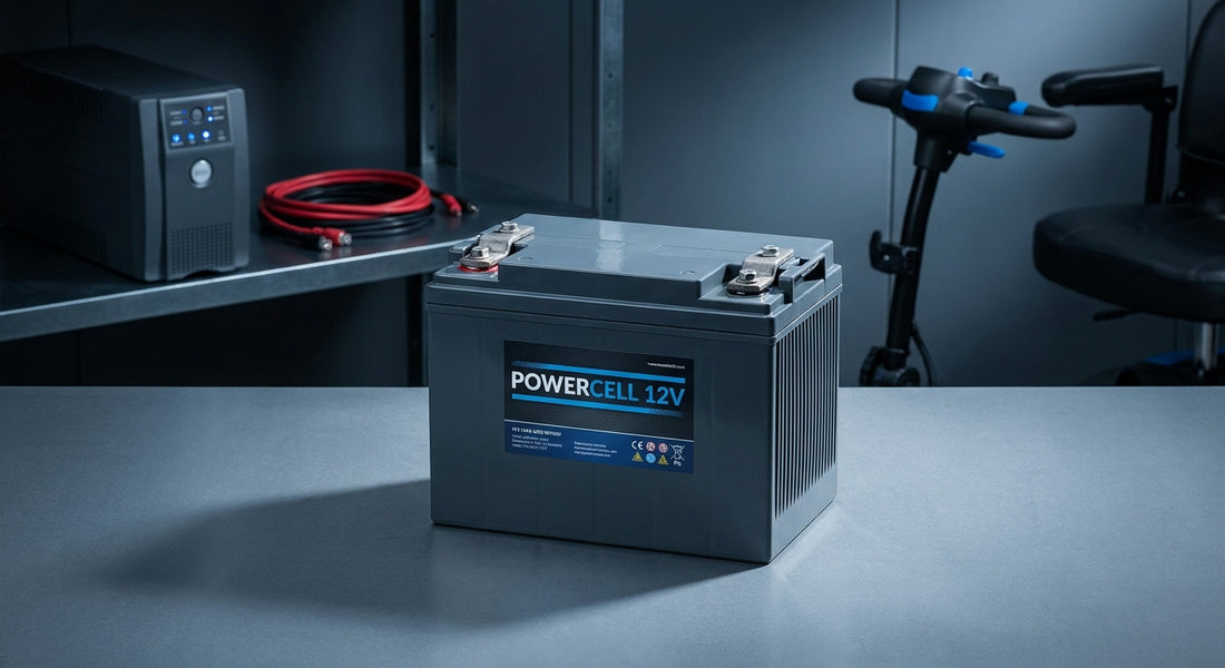 A 12V lead acid battery displayed in a professional studio setting alongside UPS and alarm system accessories, highlighting its versatility across multiple applications.
