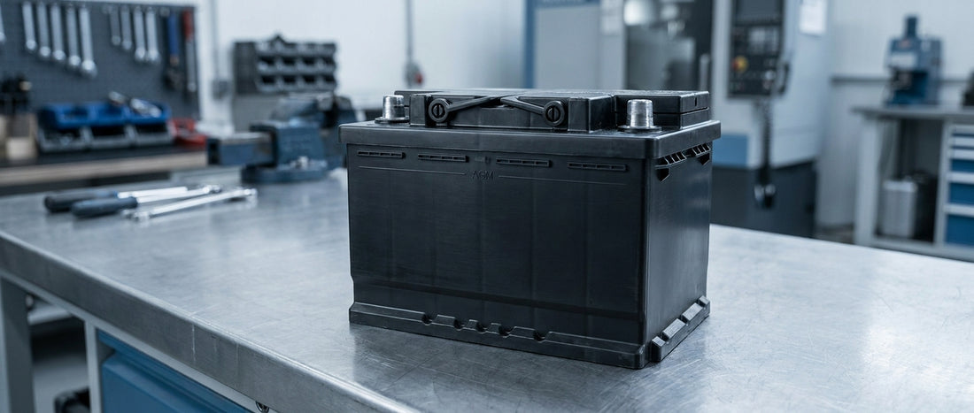 A close-up of a black AGM battery on an industrial workbench in a professional workshop setting with cool grey and steel-blue tones.