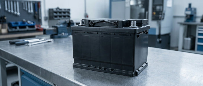 A close-up of a black AGM battery on an industrial workbench in a professional workshop setting with cool grey and steel-blue tones.