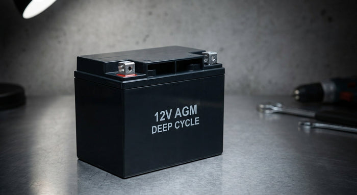 A close-up of a sealed AGM battery on an industrial workbench under studio lighting, highlighting its terminals and matte black casing.