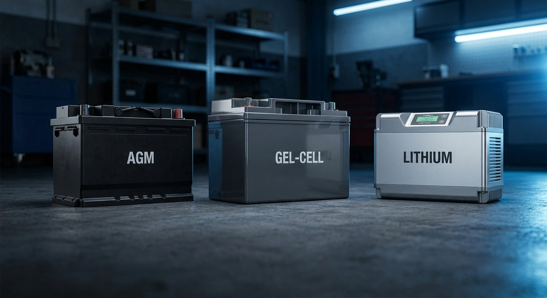 Three different UPS battery types — AGM, GEL, and lithium — arranged side by side on a dark industrial surface under studio lighting, representing a business power protection comparison.