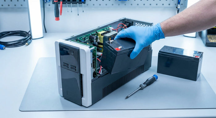 A professional technician replacing a sealed lead-acid battery inside an open UPS unit on a clean workshop bench.