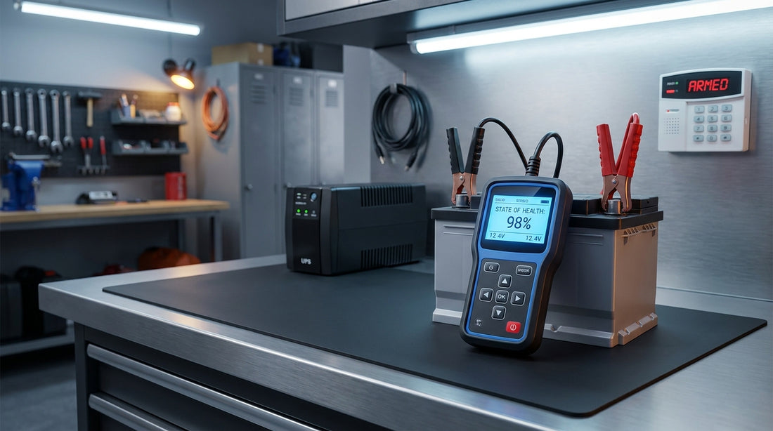 A digital battery analyser connected to a car battery on a workshop bench, with a UPS unit and alarm panel visible in the background.