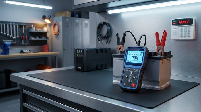 A digital battery analyser connected to a car battery on a workshop bench, with a UPS unit and alarm panel visible in the background.