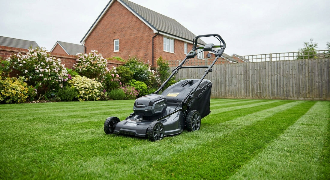 A cordless battery lawn mower cutting a neatly striped green lawn in a well-kept British garden on a bright day.