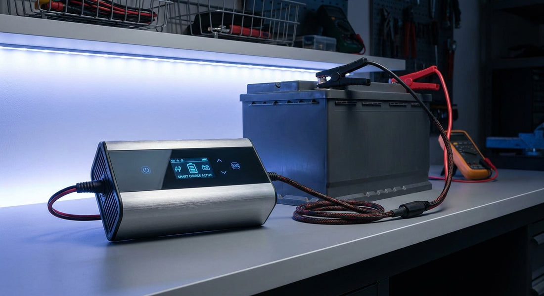 A smart battery charger connected to a lead-acid battery on a workshop bench under cool blue lighting.