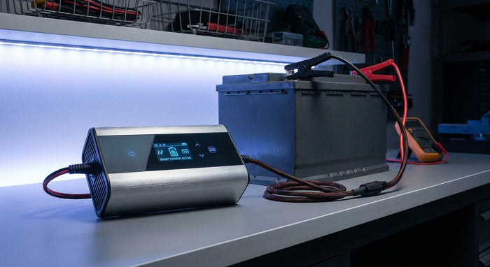 A smart battery charger connected to a lead-acid battery on a workshop bench under cool blue lighting.