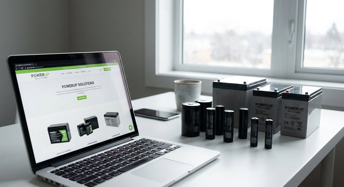 A laptop on a modern desk surrounded by professional-grade batteries, representing the convenience of shopping for batteries online.