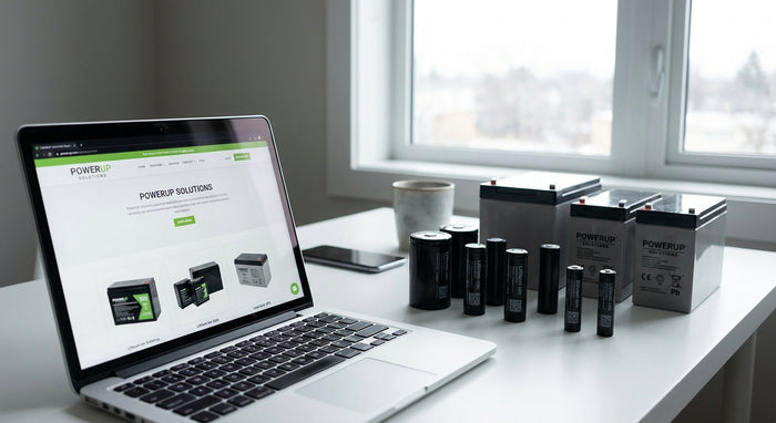A laptop on a modern desk surrounded by professional-grade batteries, representing the convenience of shopping for batteries online.