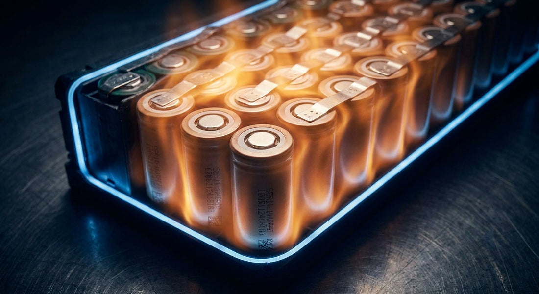 Close-up of lithium-ion battery cells arranged in a grid, glowing with amber and orange heat tones against a dark industrial background.
