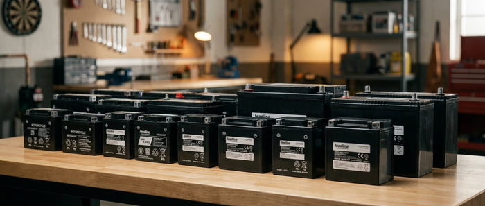 An assortment of lead acid batteries of different sizes arranged on a workshop bench under clean directional lighting.