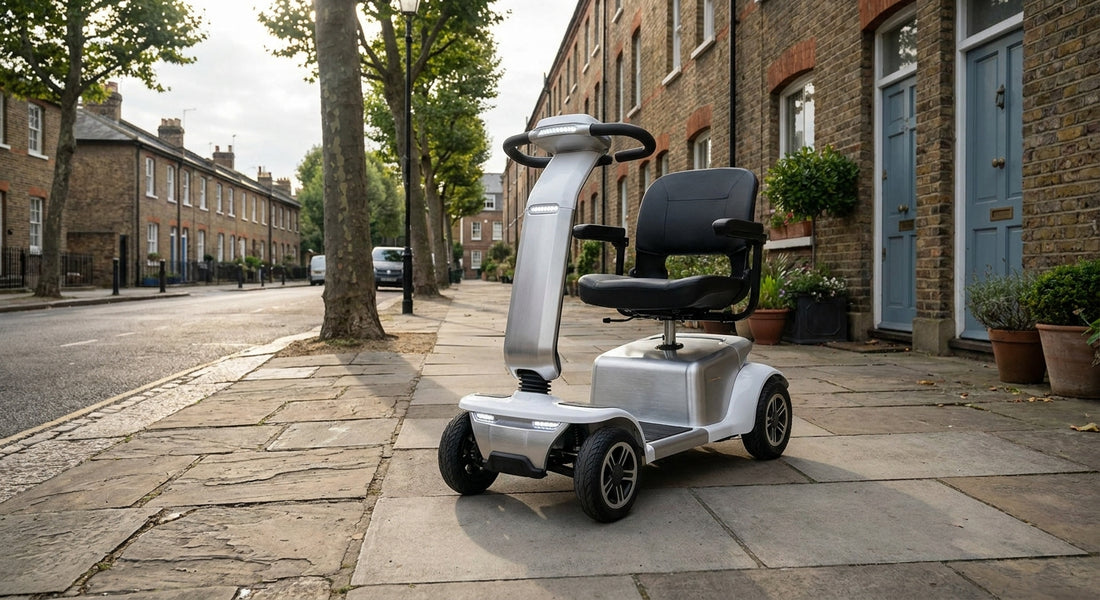 A modern mobility scooter parked on a sunlit pavement, photographed in a clean editorial style with cool silver and blue tones.