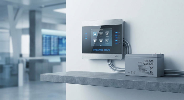 A home burglar alarm control panel mounted on a white wall beside a sealed lead-acid backup battery on a grey surface, lit in clean editorial style.