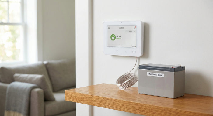 A home burglar alarm control panel mounted on a white wall beside a sealed lead-acid replacement battery on a wooden surface.