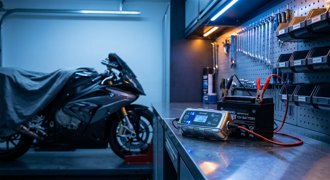 A modern motorcycle battery charger connected to a battery in a clean, professional garage workshop with a motorbike visible in the background.