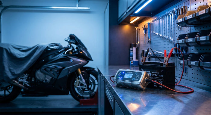 A modern motorcycle battery charger connected to a battery in a clean, professional garage workshop with a motorbike visible in the background.