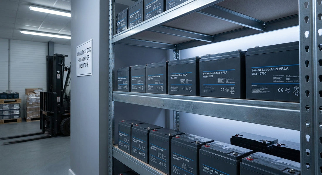 A row of professional-grade sealed VRLA batteries arranged on a clean warehouse shelf under cool, organised lighting.