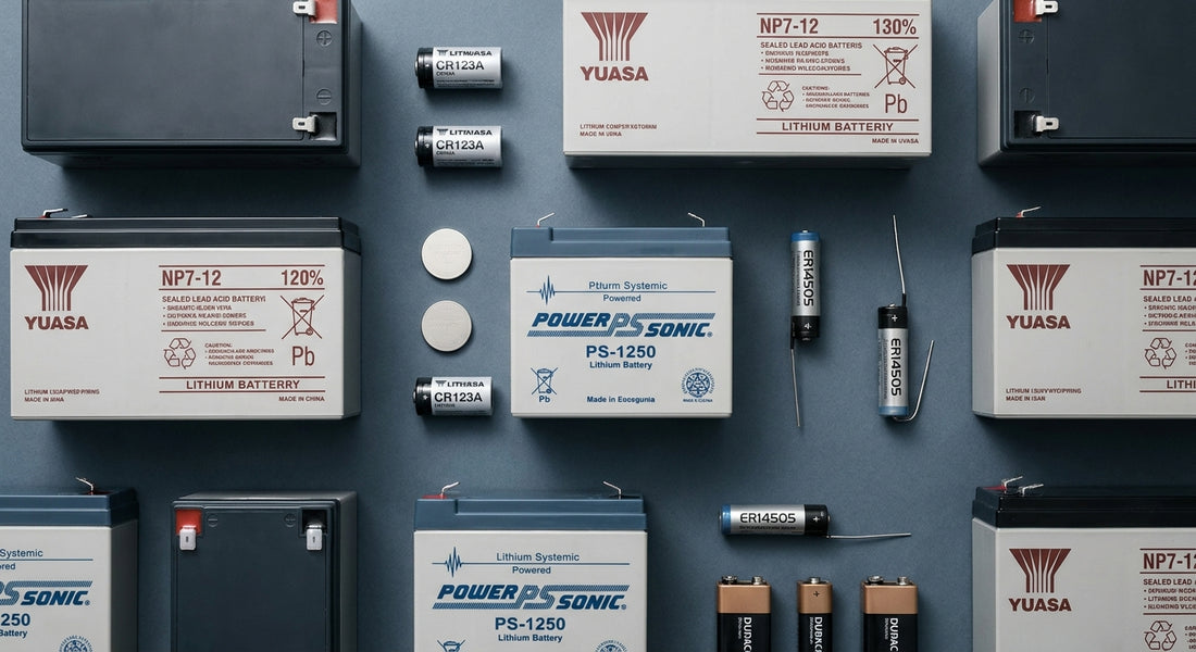 An editorial flat-lay arrangement of various alarm system battery types including sealed lead-acid, lithium, and 9V batteries on a clean grey surface.