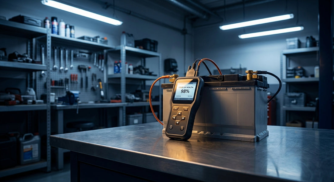 A conductance tester connected to a car battery on a workshop workbench under cool industrial lighting.