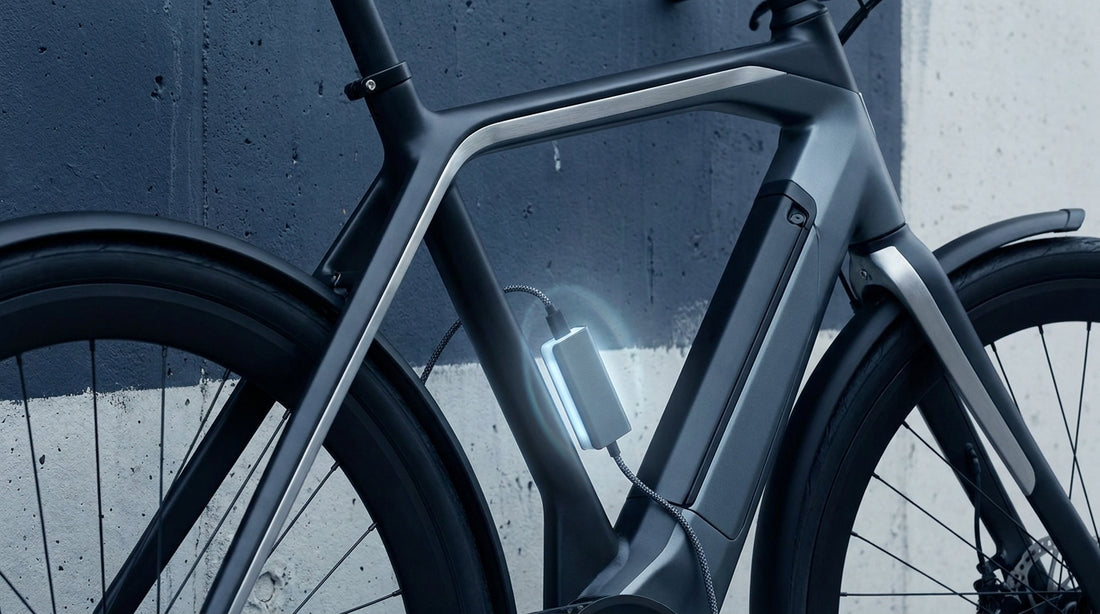 A modern e-bike plugged into a compact charger, glowing softly in a clean, minimalist setting with cool blue-grey tones.