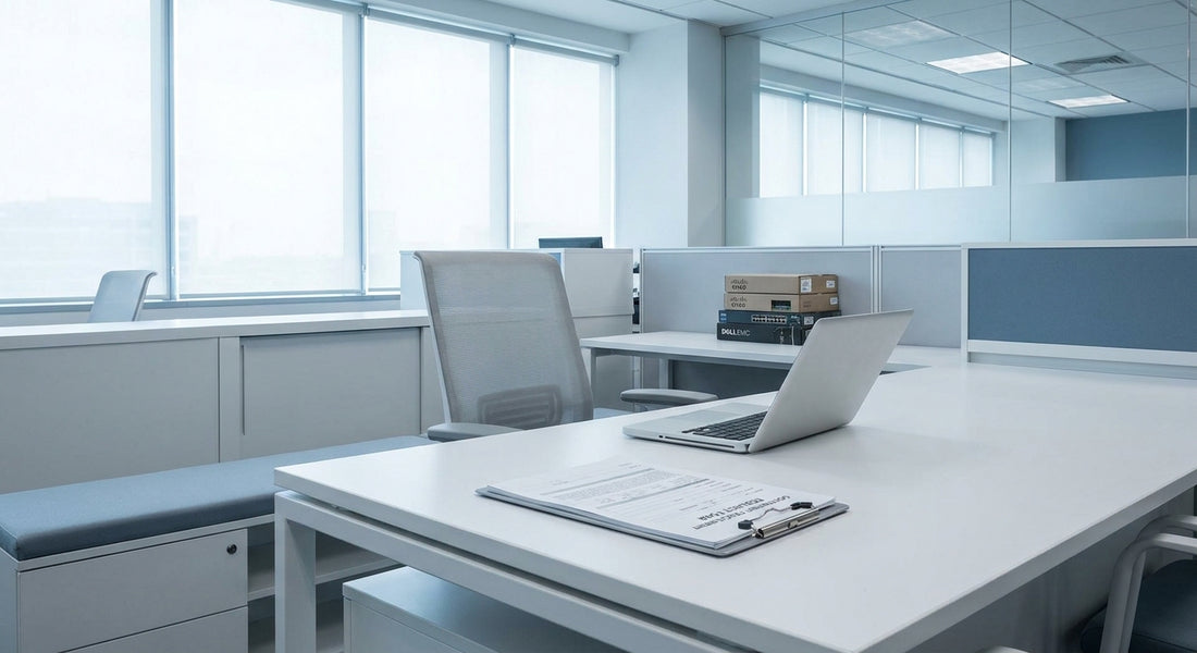 A tidy professional desk with a laptop, clipboard of documents, and IT hardware boxes in a bright modern office setting.