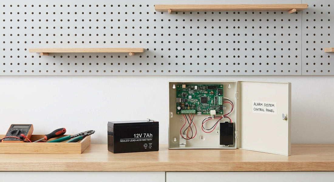 A home alarm panel opened on a workbench next to a 12V SLA replacement battery, ready for a DIY battery swap.