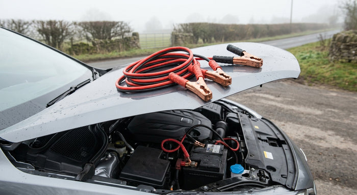 Red and black jumper cables with copper clamps resting on an open car engine bay beside a visible battery on a misty UK roadside.