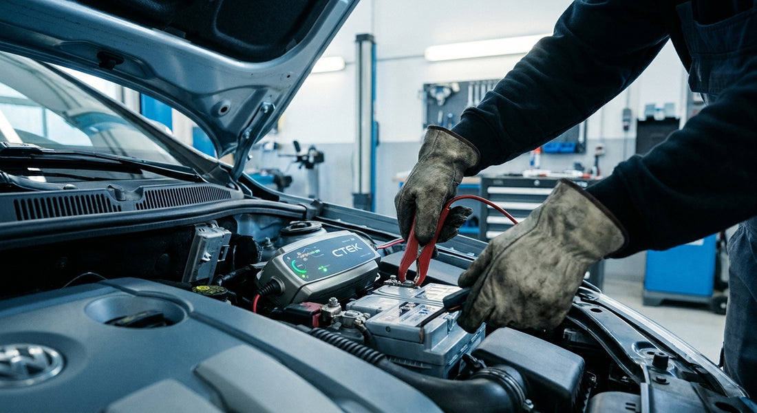 A pair of gloved hands connecting a battery charger to a car battery under an open bonnet in a professional garage setting.