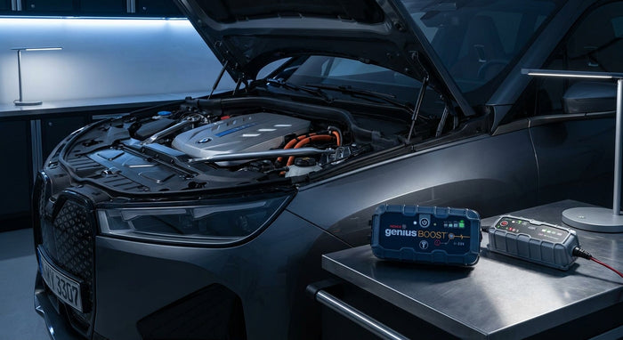 A jump-start booster pack and trickle charger placed side by side near an open car bonnet in a dimly lit garage setting.