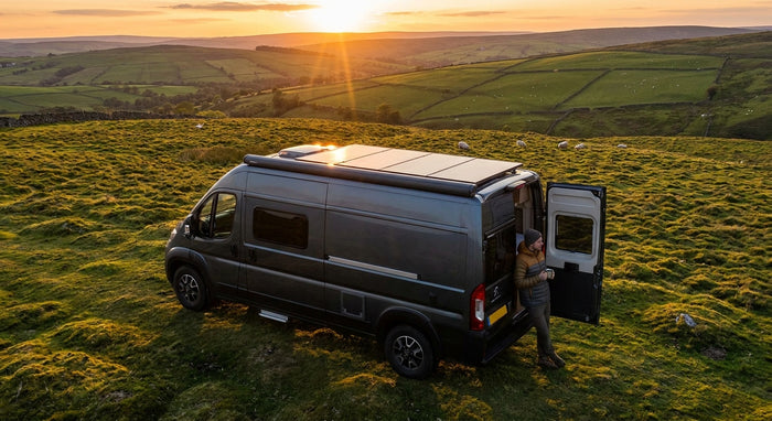 A modern motorhome with rooftop solar panels parked on a scenic British hillside at golden hour, surrounded by rolling green countryside.