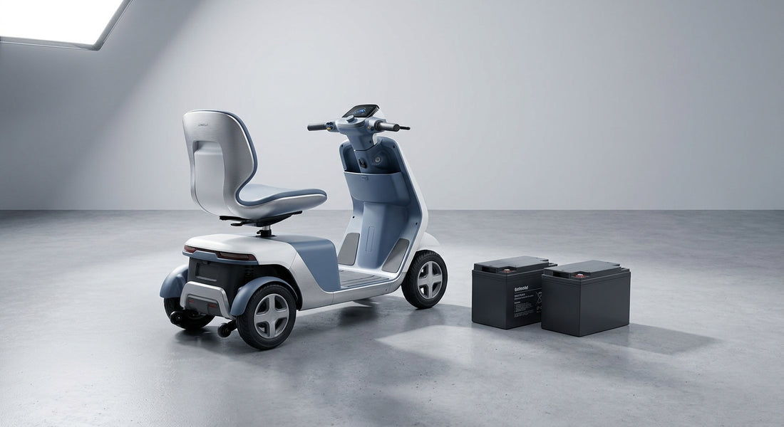 A mobility scooter alongside two sealed gel batteries on a clean grey studio surface, lit with soft professional lighting.