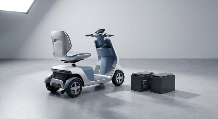 A mobility scooter alongside two sealed gel batteries on a clean grey studio surface, lit with soft professional lighting.