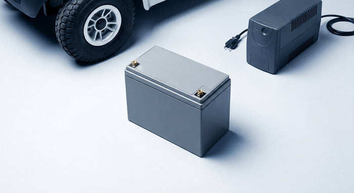A sealed lead-acid battery displayed alongside a mobility scooter wheel and UPS unit on a clean grey surface under soft studio lighting.