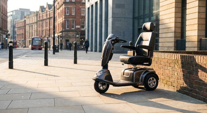 A mobility scooter parked on a sunlit urban pavement in a British city, ready for use.