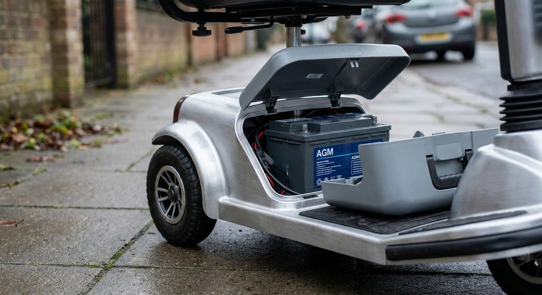 A mobility scooter parked outdoors with its battery compartment open, revealing a clean AGM battery inside, photographed in soft natural daylight.