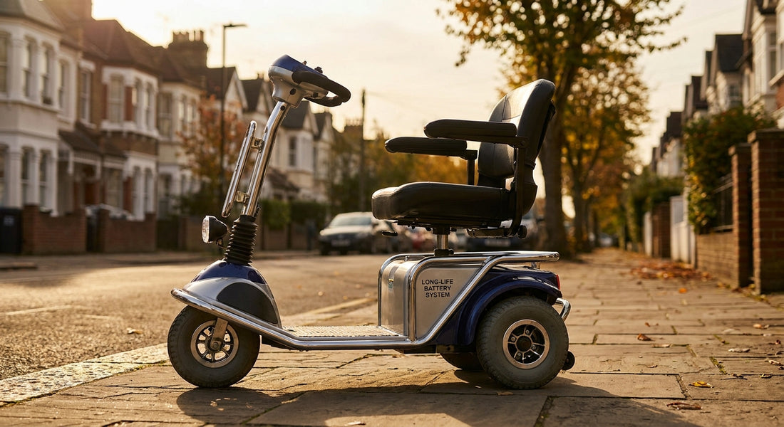 A mobility scooter parked on a sunny suburban pavement, photographed in clean editorial style with soft natural light highlighting its battery compartment.