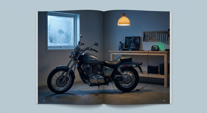 A motorcycle parked in a winter garage with a smart battery charger connected and glowing green, frost visible on the window behind it.