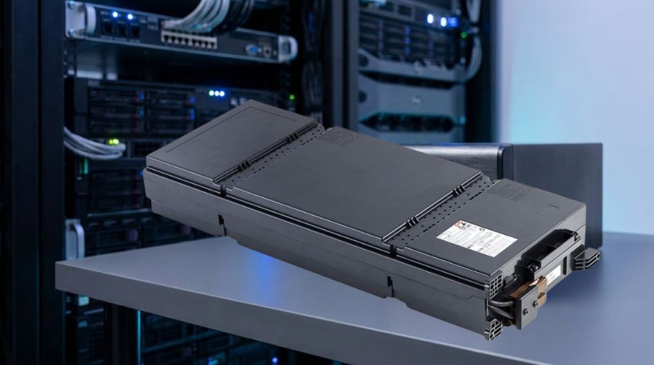 A UPS replacement battery cartridge positioned in front of softly lit server rack equipment in a professional data centre environment.