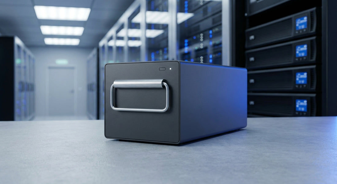 A UPS replacement battery cartridge displayed on a clean surface in a professional server room environment with rack-mounted UPS units visible in the background.