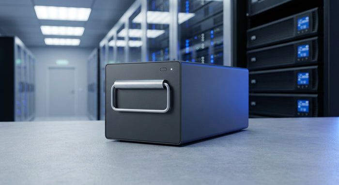 A UPS replacement battery cartridge displayed on a clean surface in a professional server room environment with rack-mounted UPS units visible in the background.